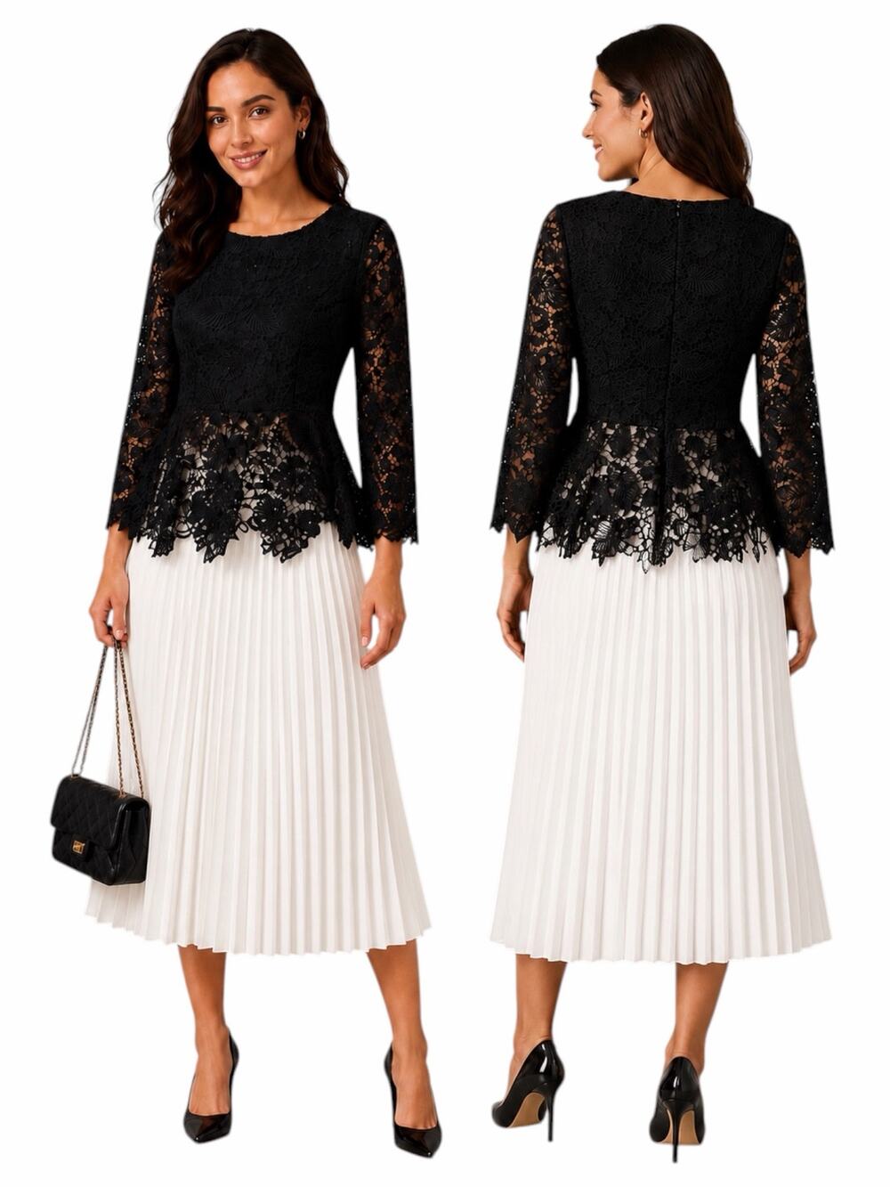 Moshita Couture Lace Embellished Peplum Hem Evening Blouse Black Size 6